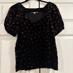 LOFT Black and Red Velvet Floral Blouse